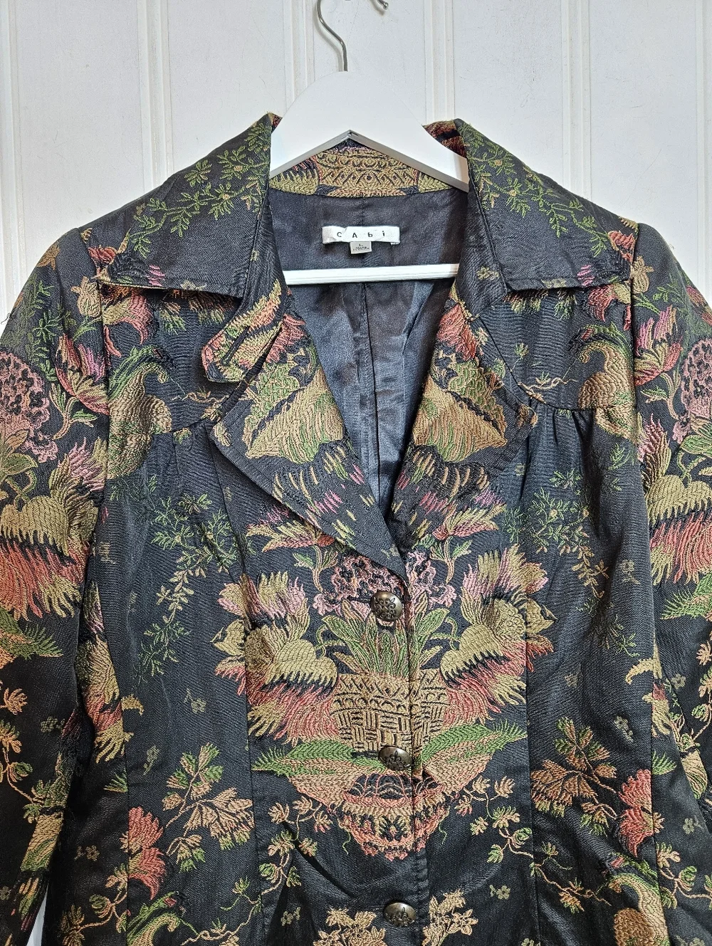 CAbi Blazer Size L Chenoise #704 Chinoiserie Floral Tapestry Jacquard Black Gold